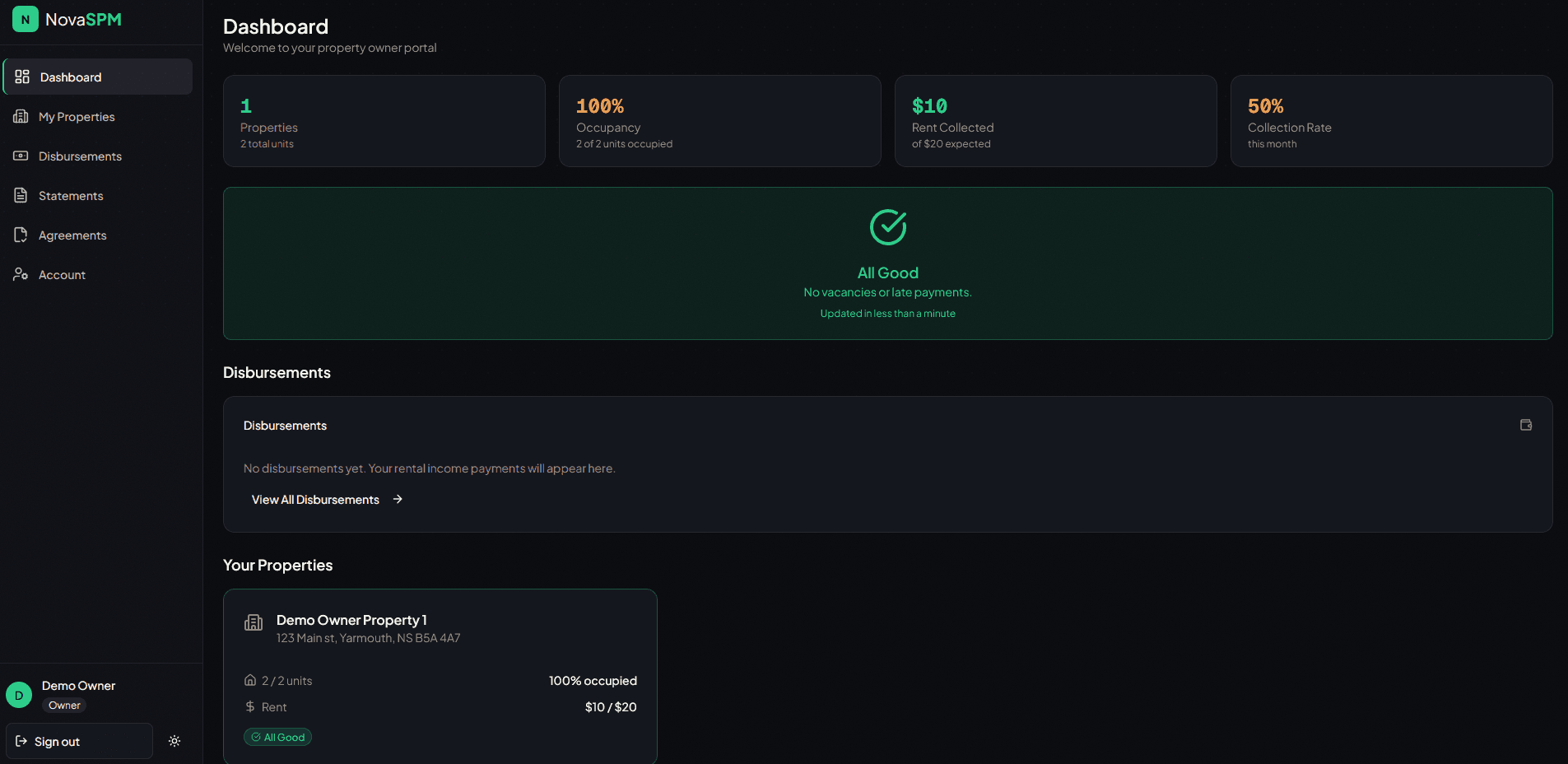 Nova Solutions owner portal dashboard